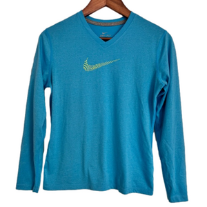 Nike Kids Long Sleeve DRI-FIT Teal Shirt with Yellow Polka Dotted Swoosh XL